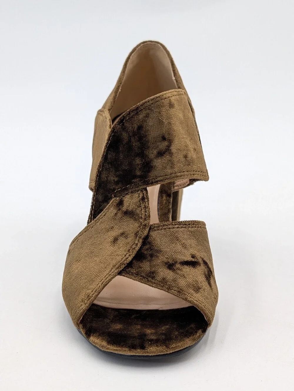 CAbi Interlock Sz 6 Crushed Velvet Sandal Olive Green Peep Toe Block Heel